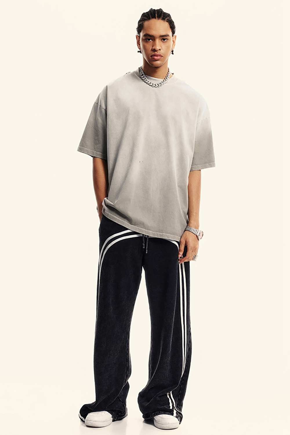 Breathable Gradient-Washed Relaxed Cotton T-Shirt in Light Gray - full-length front modeled view