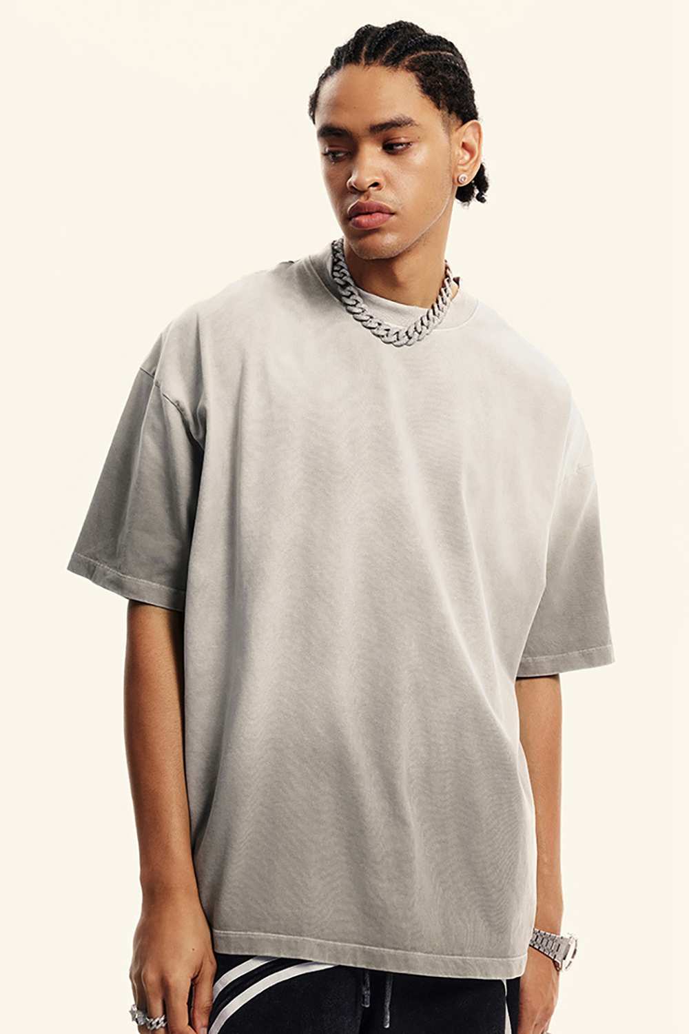 Breathable Gradient-Washed Relaxed Cotton T-Shirt in Light Gray - three-quarter front modeled view