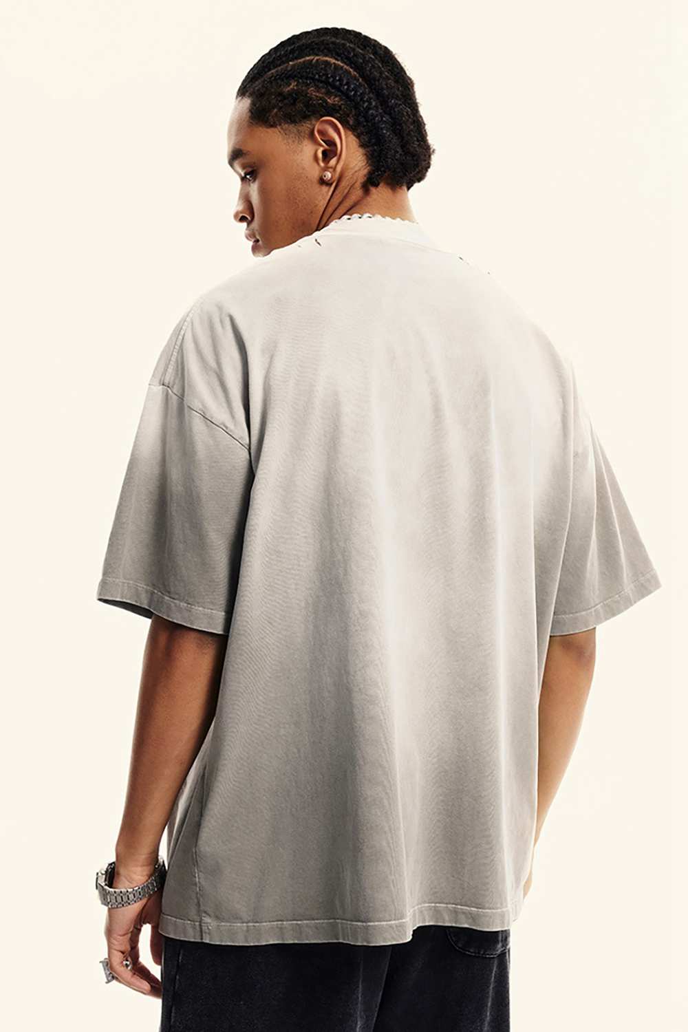 Breathable Gradient-Washed Relaxed Cotton T-Shirt in Light Gray - rear three-quarter modeled view