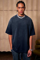 Breathable Gradient-Washed Relaxed Cotton T-Shirt in Navy Blue - front modeled close-up