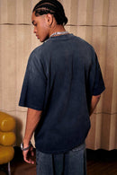 Breathable Gradient-Washed Relaxed Cotton T-Shirt in Navy Blue - rear three-quarter modeled view