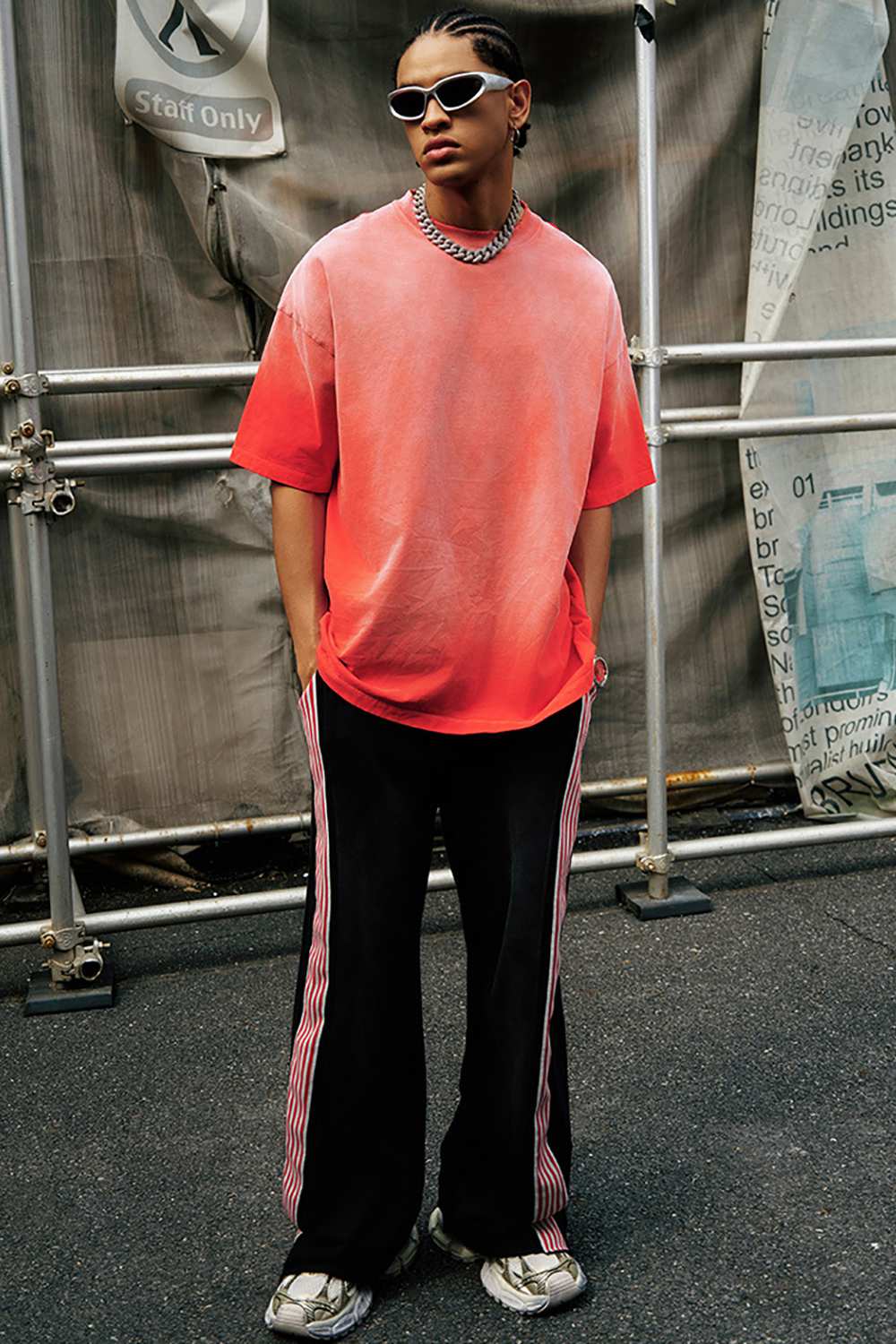 Breathable Gradient-Washed Relaxed Cotton T-Shirt in Red - full-length front modeled view