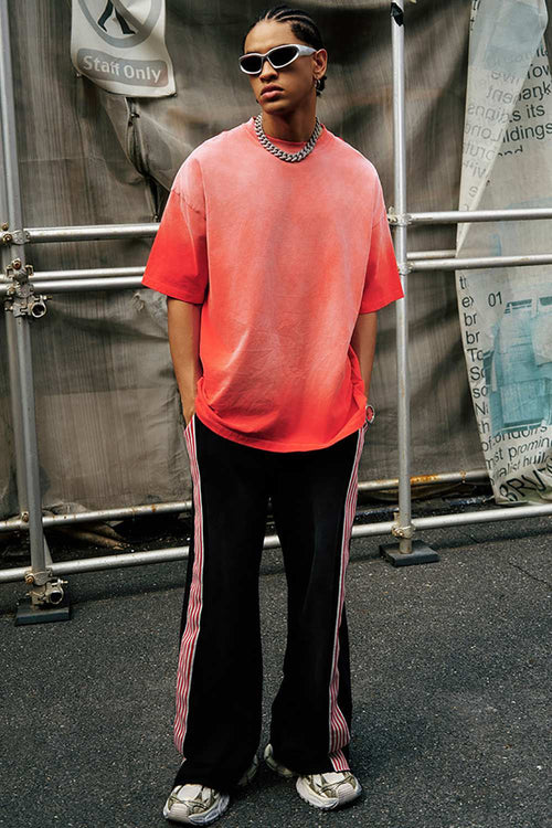Breathable Gradient-Washed Relaxed Cotton T-Shirt in Red - full-length front modeled view
