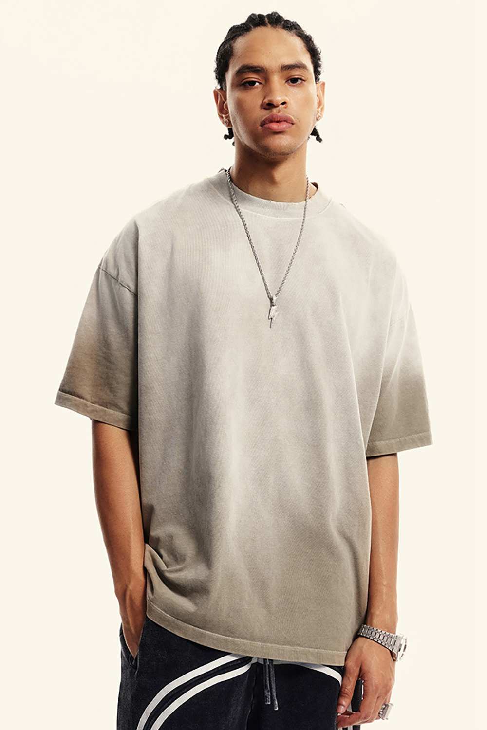 Breathable Gradient-Washed Relaxed Cotton T-Shirt in Sand - front modeled close-up