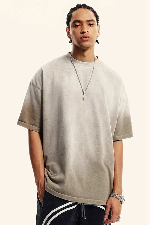 Breathable Gradient-Washed Relaxed Cotton T-Shirt in Sand - front modeled close-up