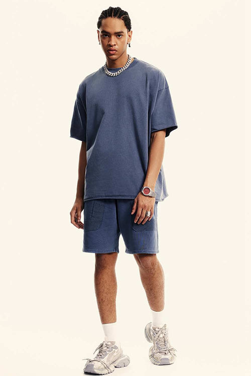 Heavyweight Washed Raw-Edge Cotton T-Shirt in Blueish Gray - full-length front modeled view