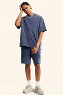 Heavyweight Washed Raw-Edge Cotton T-Shirt in Blueish Gray - front modeled view