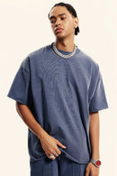 Heavyweight Washed Raw-Edge Cotton T-Shirt in Blueish Gray - front modeled close-up