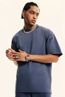 Heavyweight Washed Raw-Edge Cotton T-Shirt in Blueish Gray - front modeled view