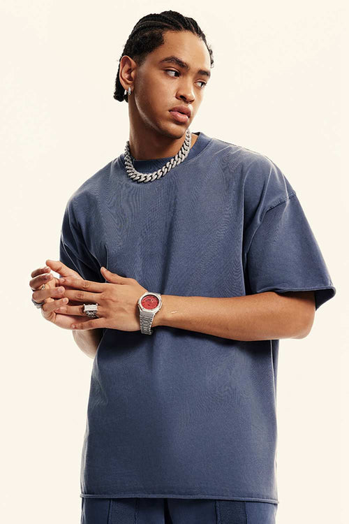 Heavyweight Washed Raw-Edge Cotton T-Shirt in Blueish Gray - front modeled view