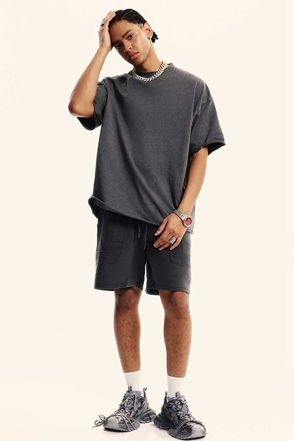 Heavyweight Washed Raw-Edge Cotton T-Shirt in Dark Gray - full-length front modeled view