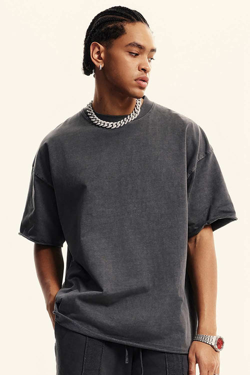 Heavyweight Washed Raw-Edge Cotton T-Shirt in Dark Gray - front modeled view