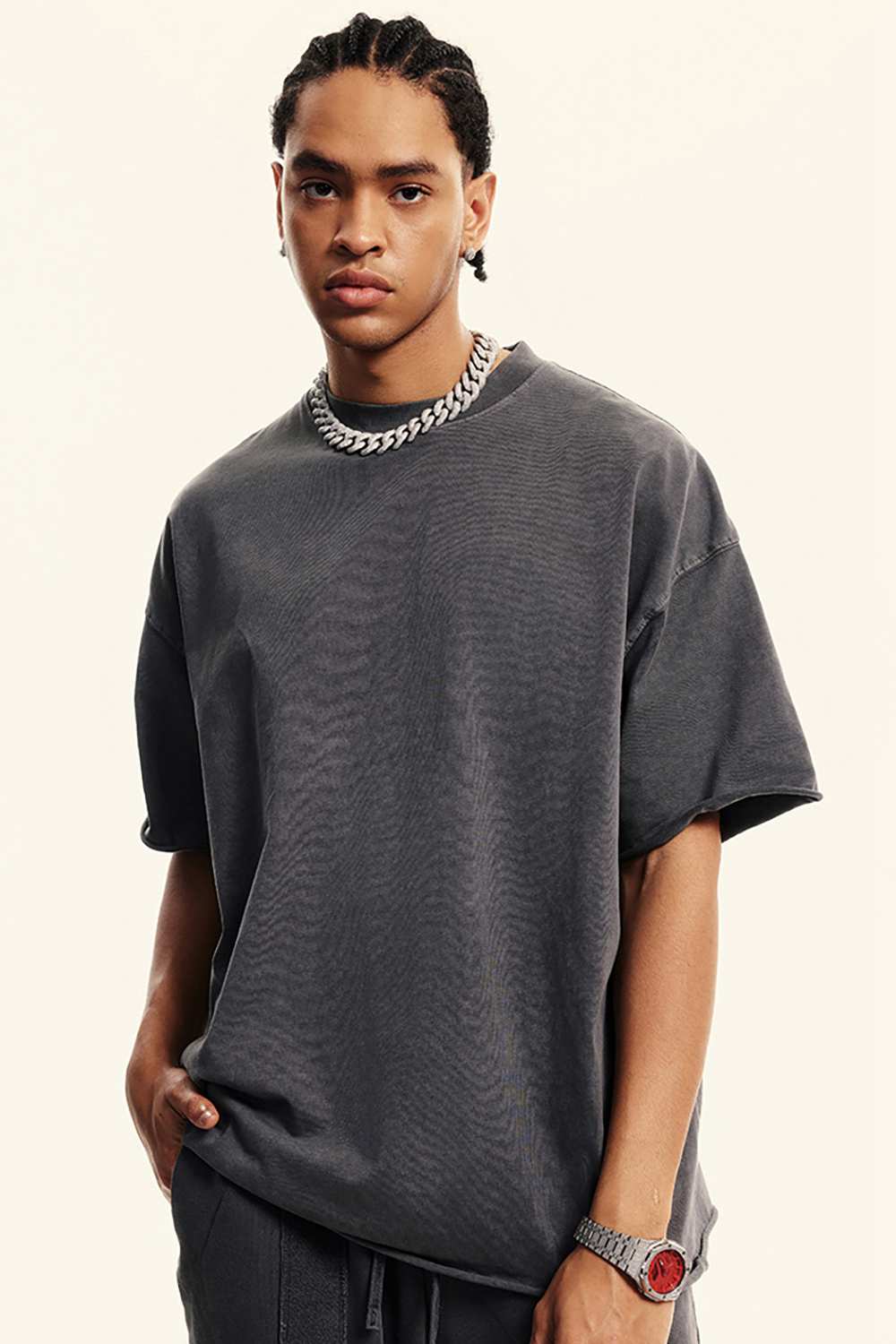 Heavyweight Washed Raw-Edge Cotton T-Shirt in Dark Gray - front modeled view