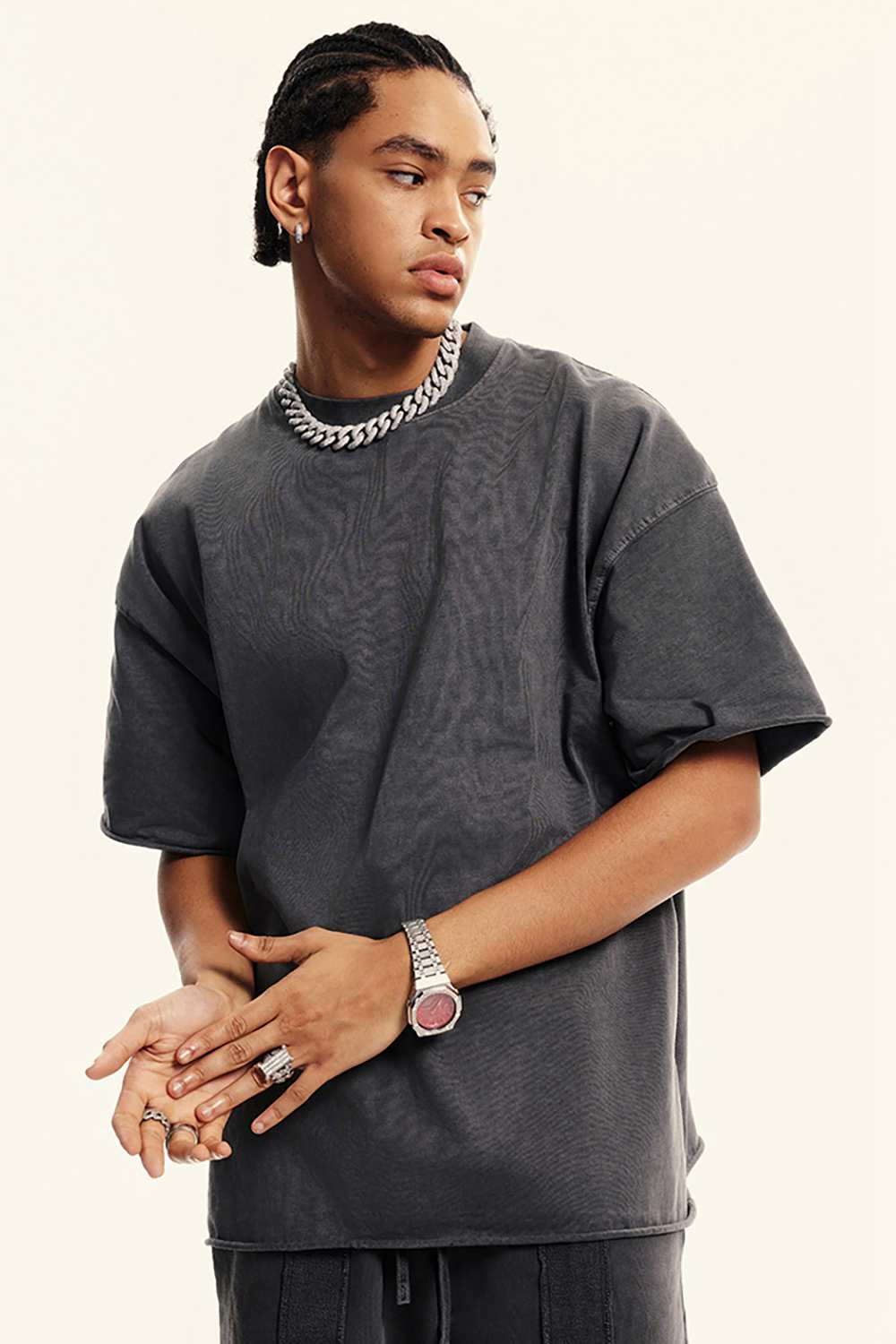 Heavyweight Washed Raw-Edge Cotton T-Shirt in Dark Gray - front modeled close-up