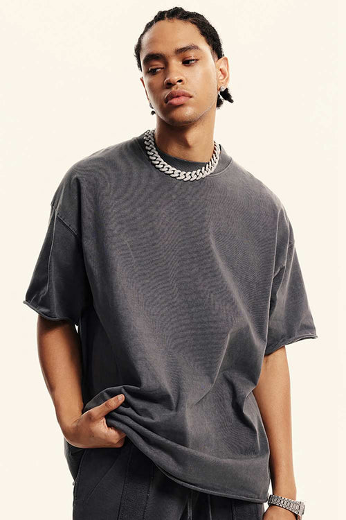 Heavyweight Washed Raw-Edge Cotton T-Shirt in Dark Gray - front modeled view