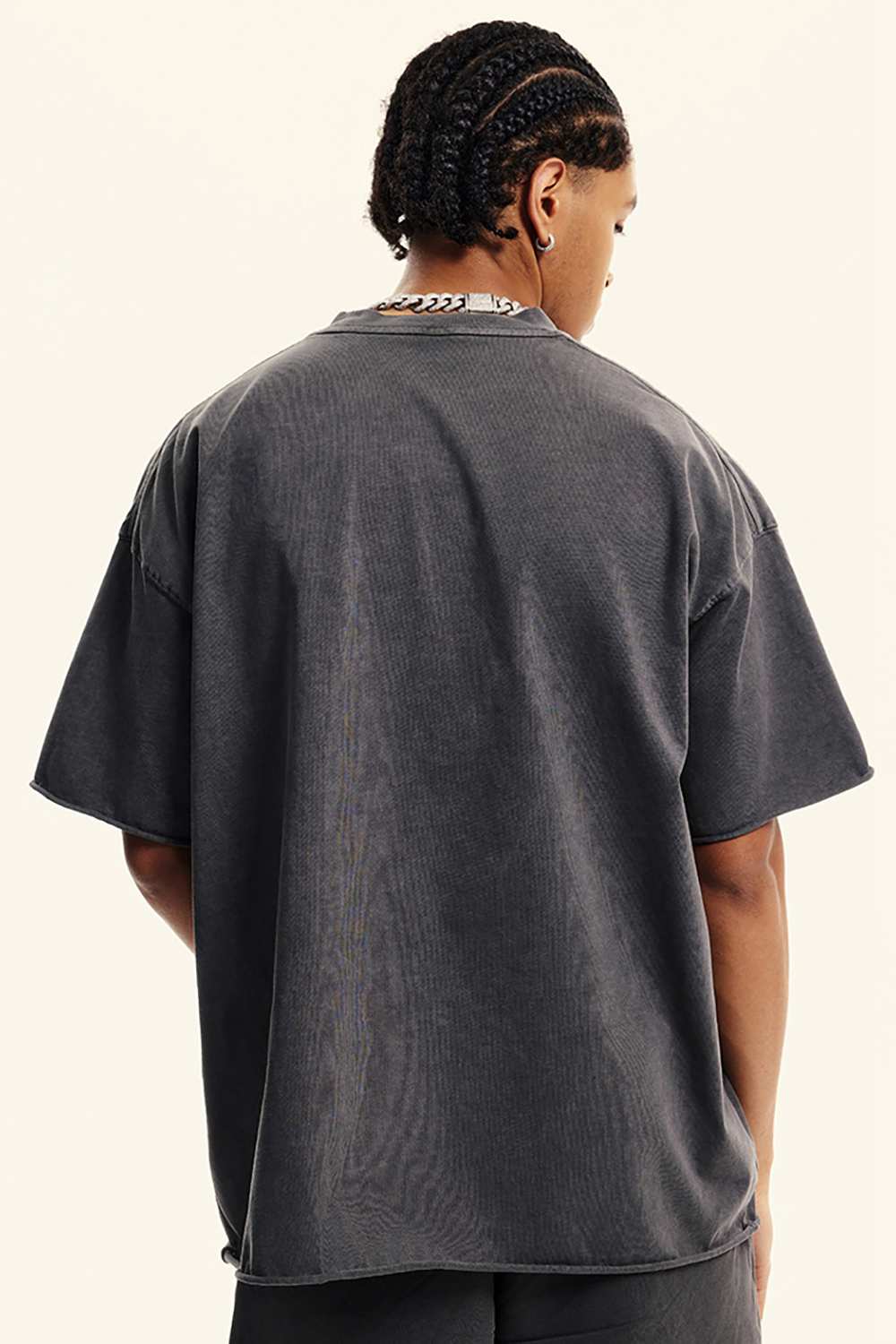 Heavyweight Washed Raw-Edge Cotton T-Shirt in Dark Gray - back modeled view