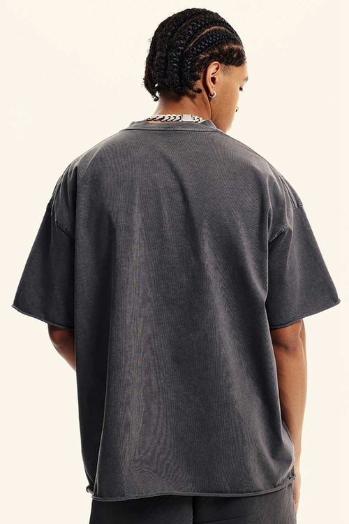 Heavyweight Washed Raw-Edge Cotton T-Shirt in Dark Gray - back modeled view