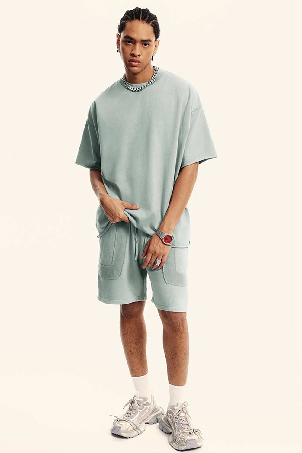 Heavyweight Washed Raw-Edge Cotton T-Shirt in Light Gray - full-length front modeled view
