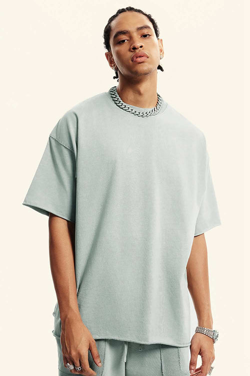 Heavyweight Washed Raw-Edge Cotton T-Shirt in Light Gray - front modeled view