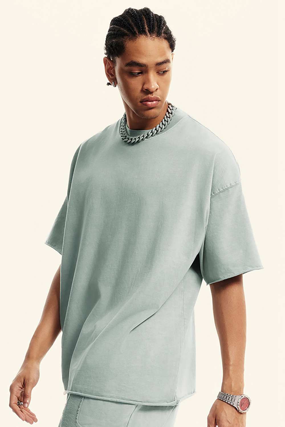 Heavyweight Washed Raw-Edge Cotton T-Shirt in Light Gray - back modeled view