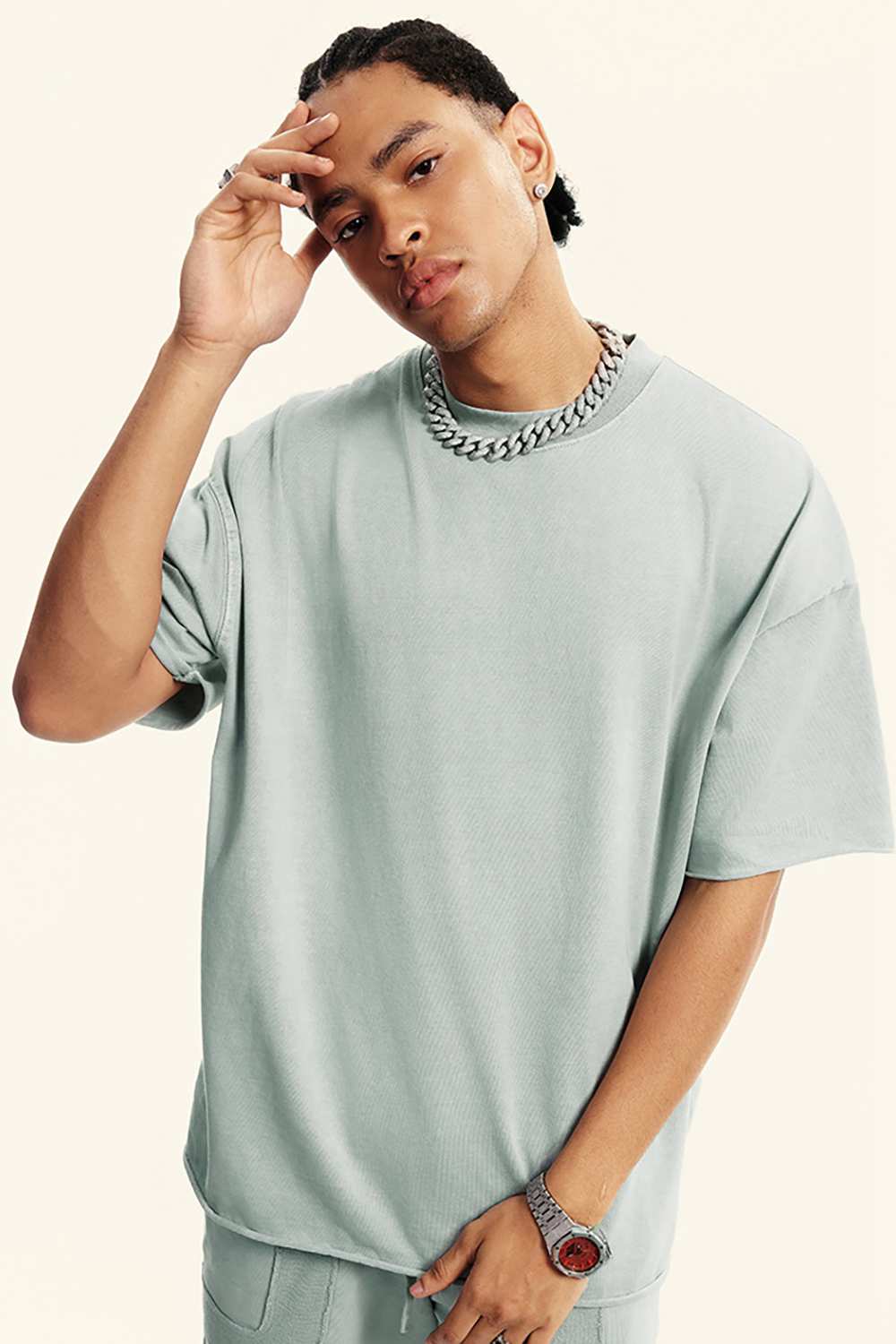 Heavyweight Washed Raw-Edge Cotton T-Shirt in Light Gray - front modeled view