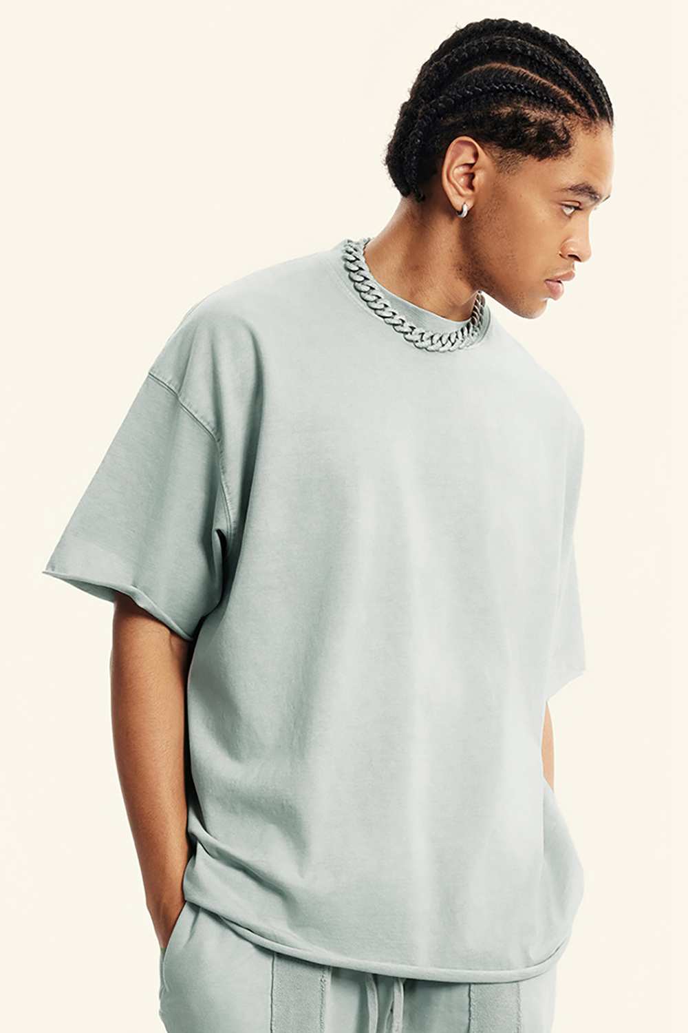 Heavyweight Washed Raw-Edge Cotton T-Shirt in Light Gray - front modeled view