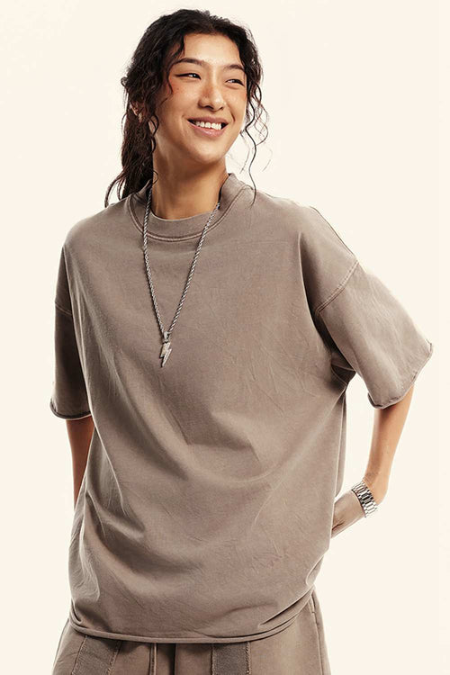 Heavyweight Washed Raw-Edge Cotton T-Shirt in Mud - front modeled view