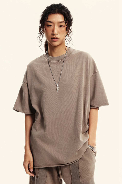 Heavyweight Washed Raw-Edge Cotton T-Shirt in Mud - front modeled view