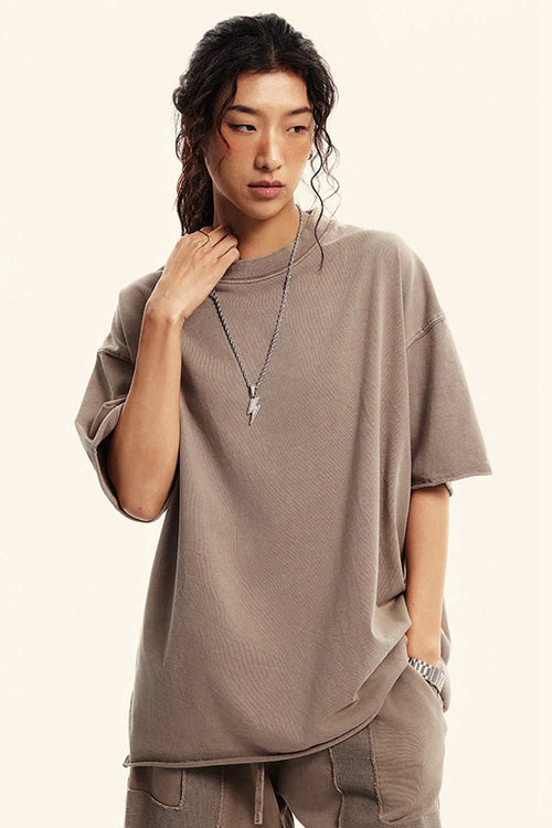 Heavyweight Washed Raw-Edge Cotton T-Shirt in Mud - front modeled view