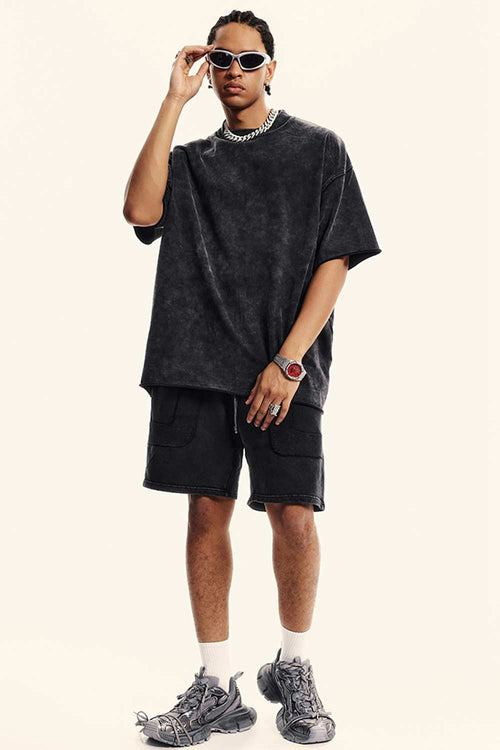Heavyweight Washed Raw-Edge Cotton T-Shirt in Slate Black - full-length front modeled view