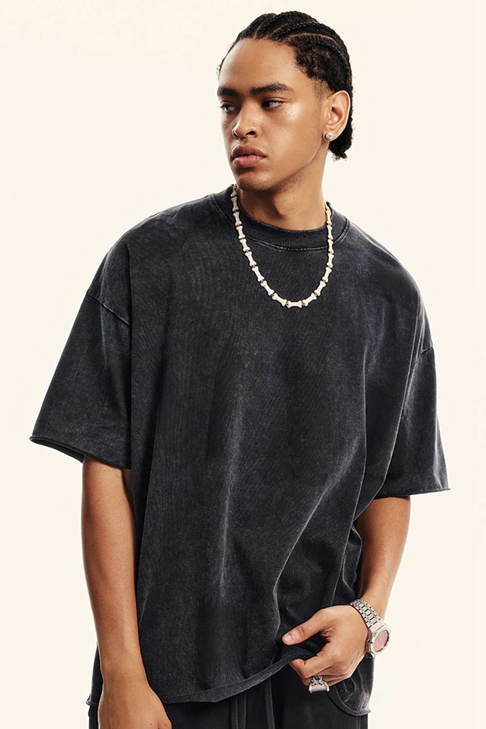 Heavyweight Washed Raw-Edge Cotton T-Shirt in Slate Black - front modeled view