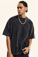 Heavyweight Washed Raw-Edge Cotton T-Shirt in Slate Black - front modeled view