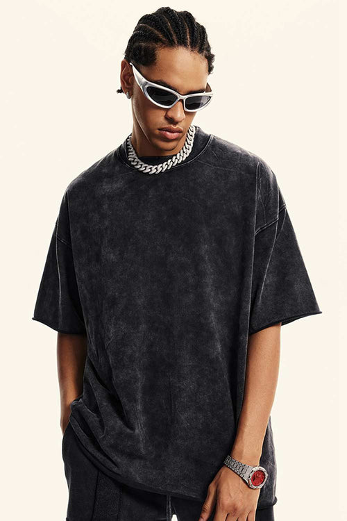 Heavyweight Washed Raw-Edge Cotton T-Shirt in Slate Black - back modeled view