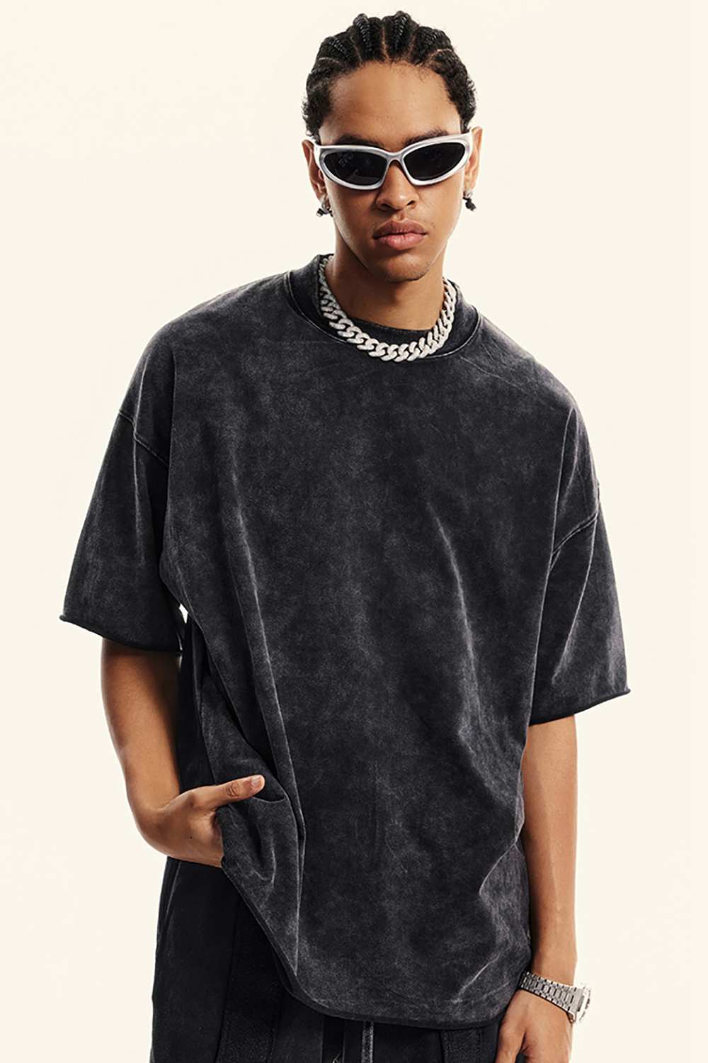 Heavyweight Washed Raw-Edge Cotton T-Shirt in Slate Black - front modeled view