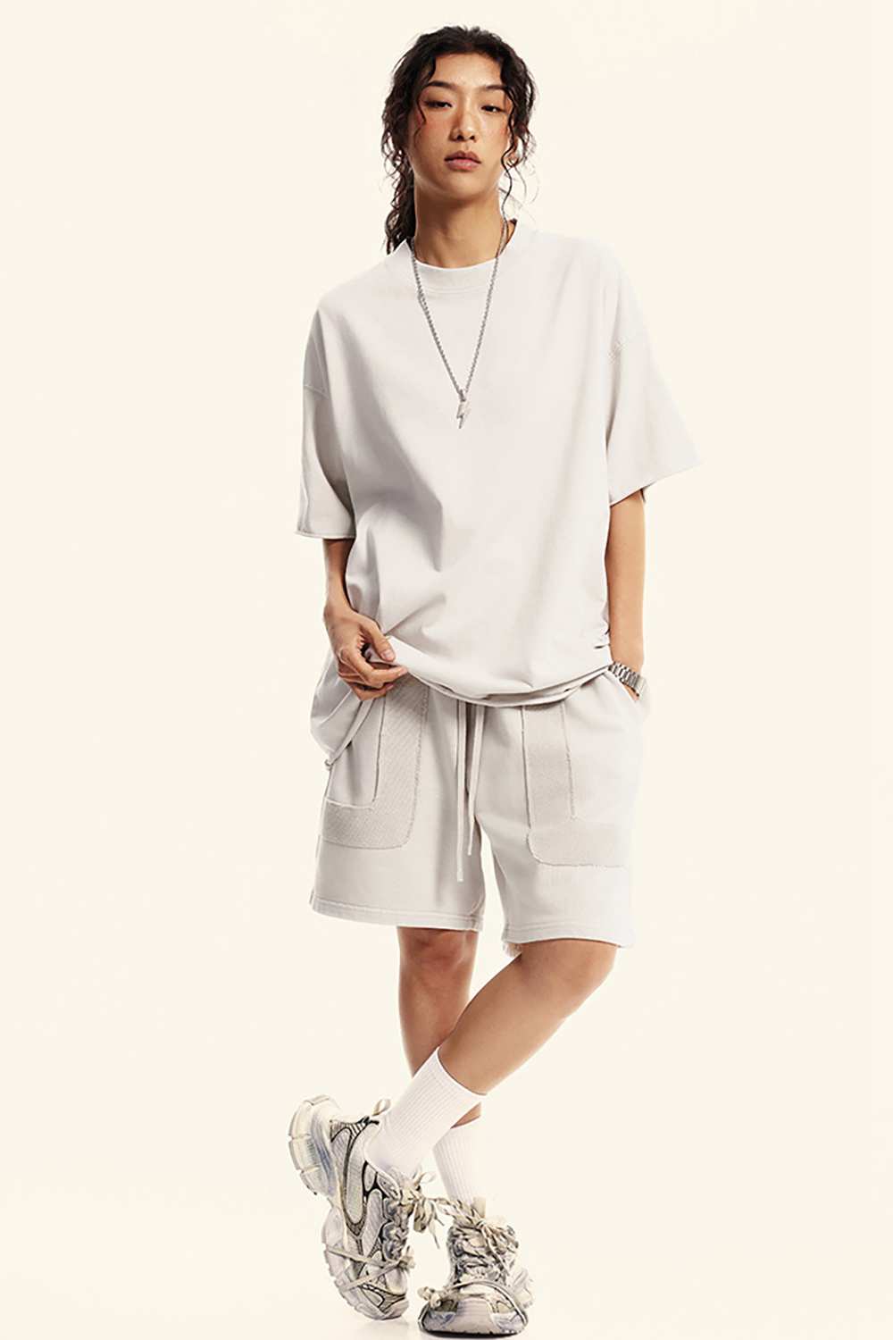 Heavyweight Washed Raw-Edge Cotton T-Shirt in Slate Rice - full-length front modeled view