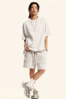 Heavyweight Washed Raw-Edge Cotton T-Shirt in Slate Rice - full-length front modeled view