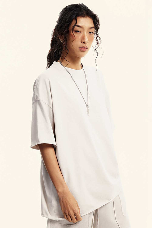 Heavyweight Washed Raw-Edge Cotton T-Shirt in Slate Rice - front modeled view