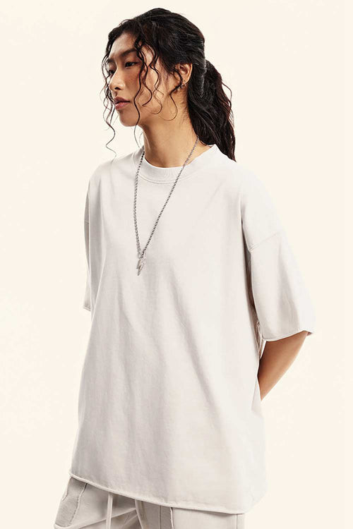 Heavyweight Washed Raw-Edge Cotton T-Shirt in Slate Rice - front modeled view