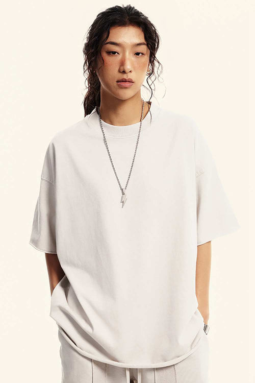 Heavyweight Washed Raw-Edge Cotton T-Shirt in Slate Rice - front modeled view