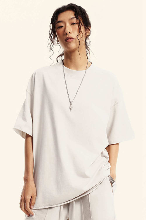 Heavyweight Washed Raw-Edge Cotton T-Shirt in Slate Rice - front modeled close-up