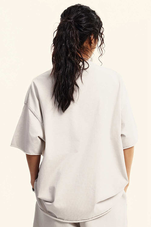 Heavyweight Washed Raw-Edge Cotton T-Shirt in Slate Rice - back modeled view