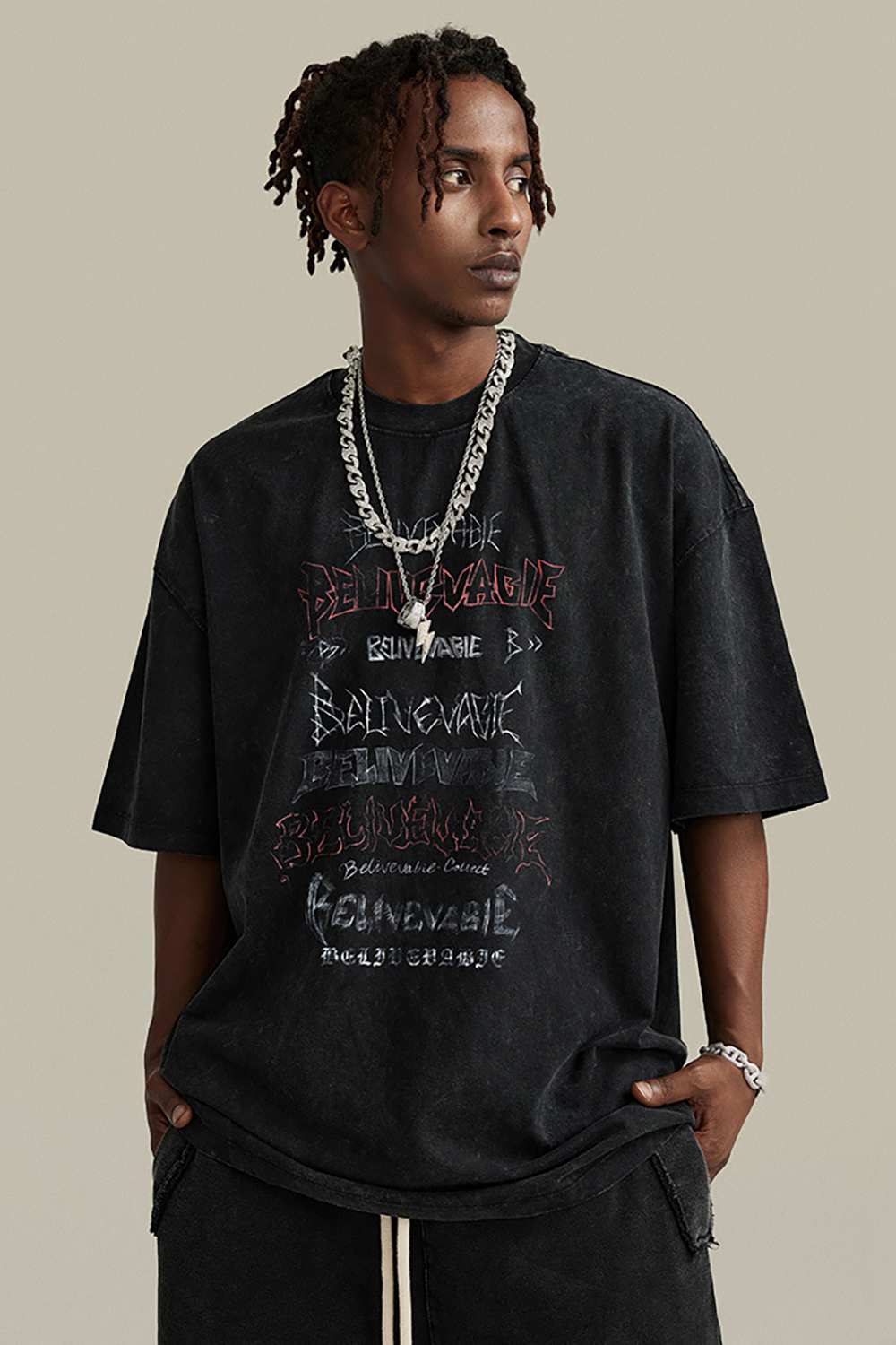 Loose Fit Vintage Washed Graphic Tee - Black
