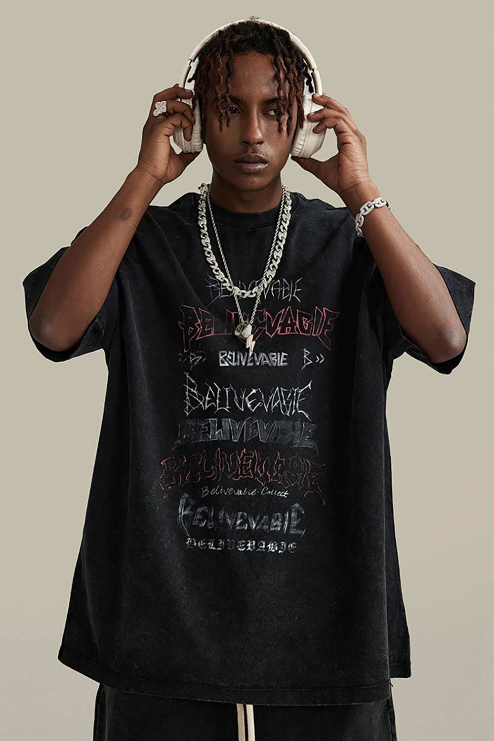 Loose Fit Vintage Washed Graphic Tee - Black