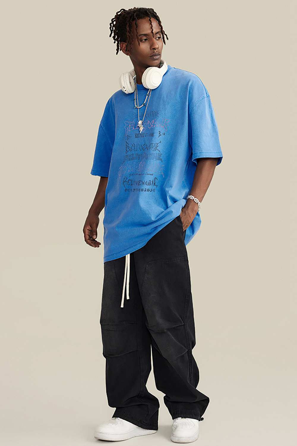 Loose Fit Vintage Washed Graphic Tee - Denim Blue