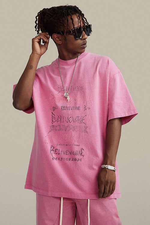 Loose Fit Vintage Washed Graphic Tee - Rose Pink