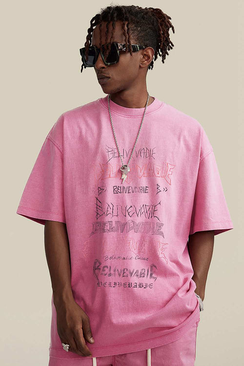 Loose Fit Vintage Washed Graphic Tee - Rose Pink