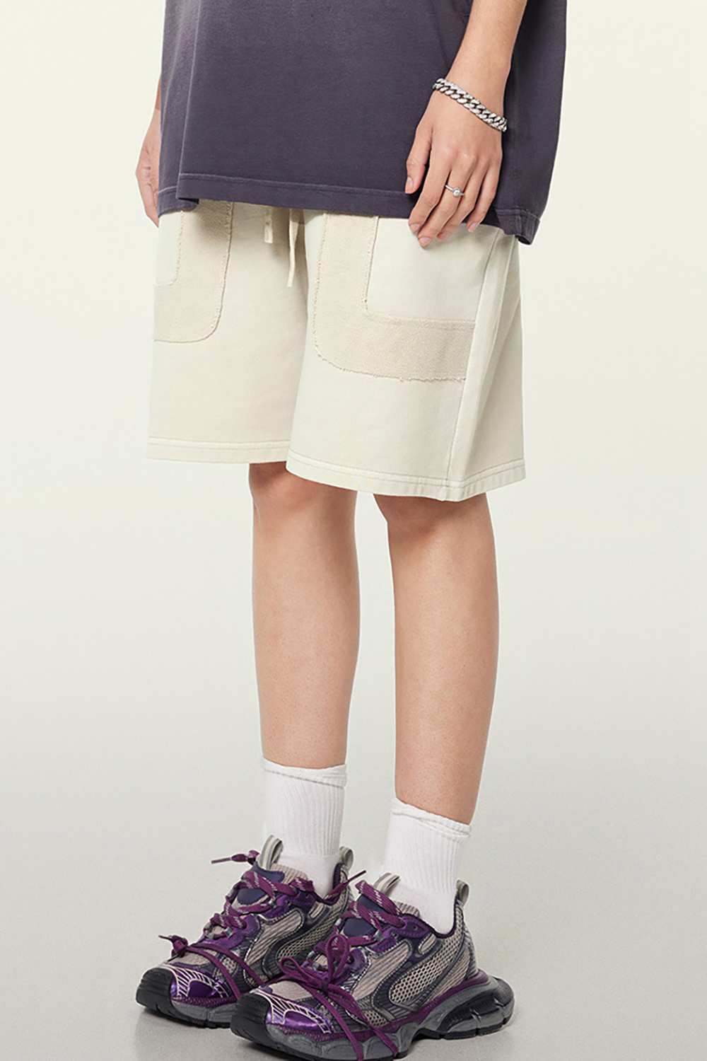 Vintage-Inspired Patchwork Shorts - Relaxed Fit, Heavy-Wash, High Street Style