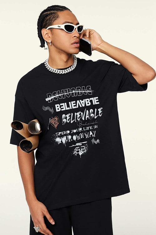 Quick-Drying Sorona Graphic T-Shirt in Metallic Black - front modeled view