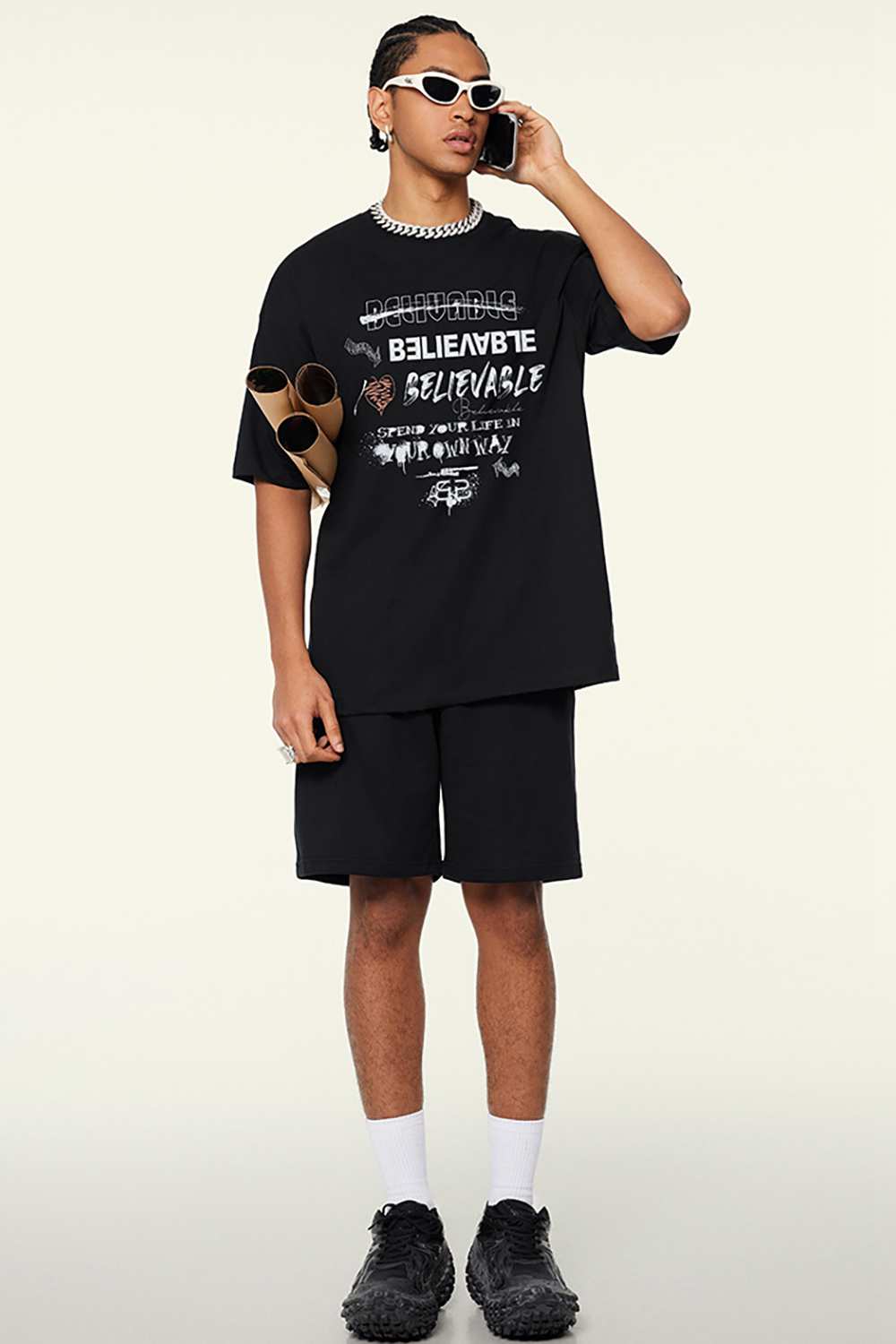 Quick-Drying Sorona Graphic T-Shirt in Metallic Black - full-length front modeled view