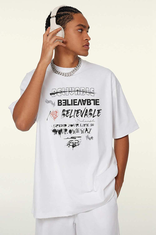 Quick-Drying Sorona Graphic T-Shirt in Teeth White - front modeled view
